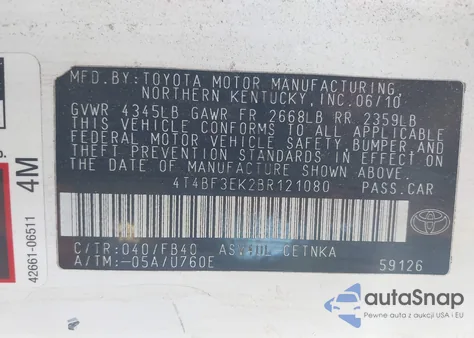 2011 Toyota Camry Le из США, поврежденный, VIN 4T4BF3EK2BR121080